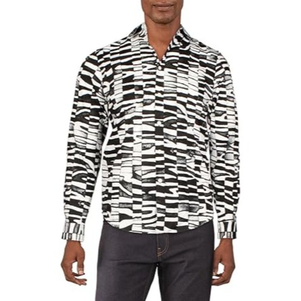 INC Men's Zion Button Down Collar Shirt Cotton Animal Print Black White Size XS